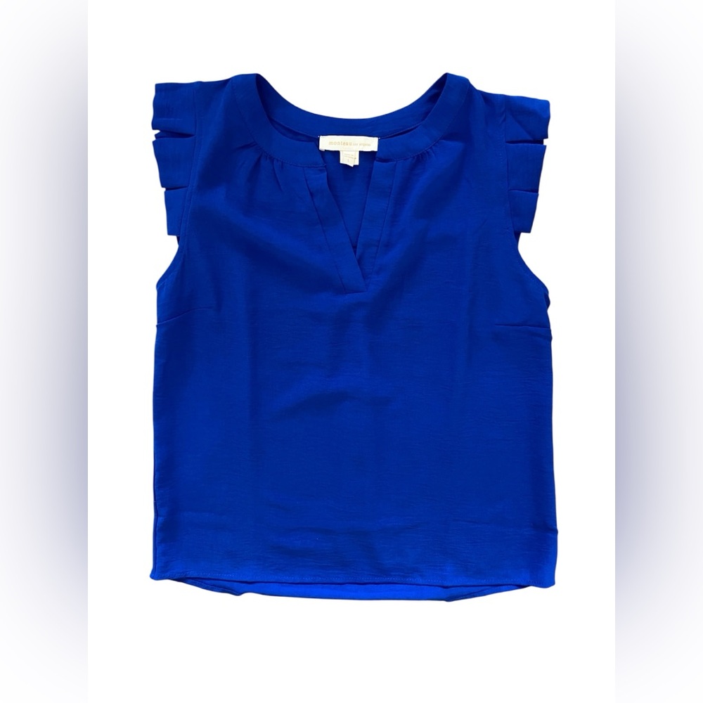 Monteau Los Angeles Cobalt Blue Split-Neck Pleated Sleeveless Top Size Large